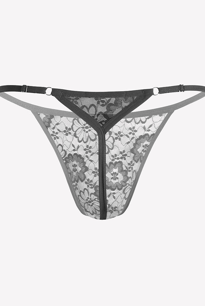 Men's lace thong underwear, low-rise T-back G-string in dark gray with floral pattern