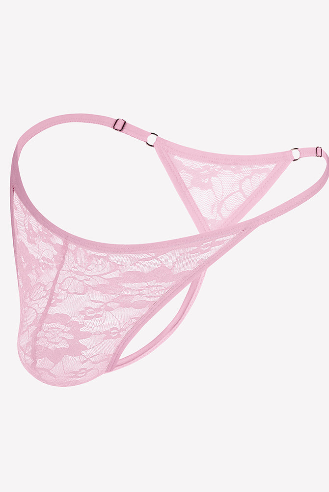 Pink lace thong underwear with low-rise T-back and scalloped lace trim