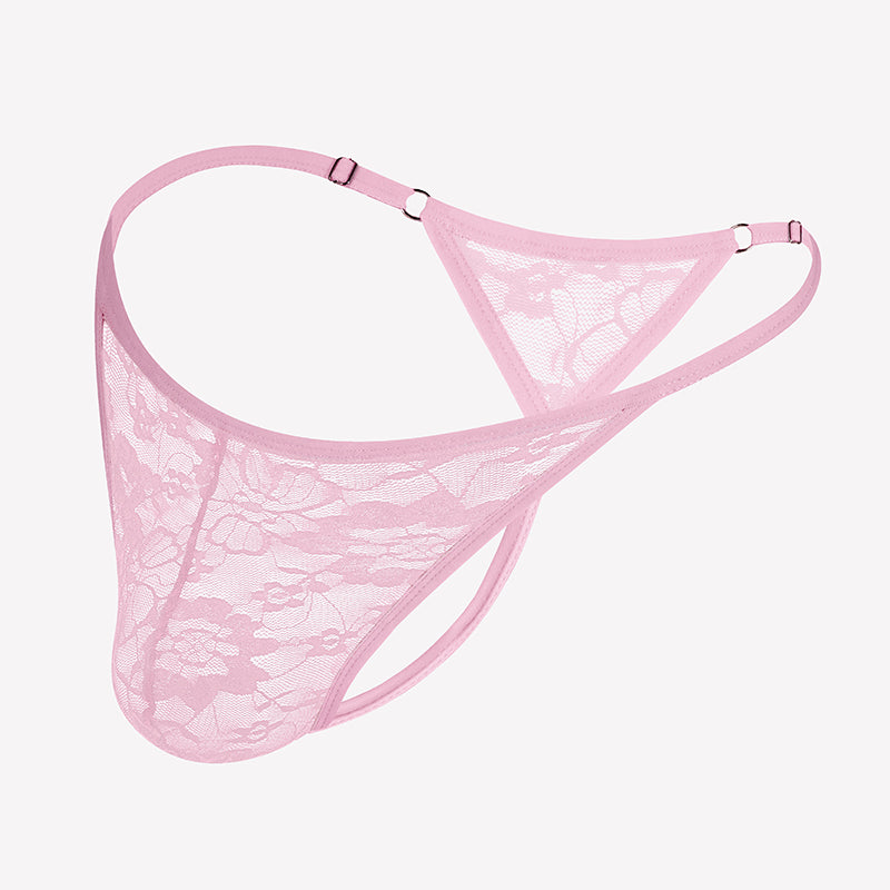 Pink lace thong underwear with low-rise T-back and scalloped lace trim
