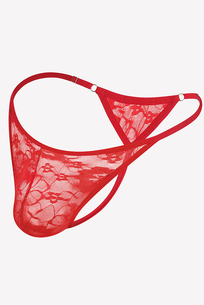 Red lace thong underwear with low-rise T-back and scalloped lace trim
