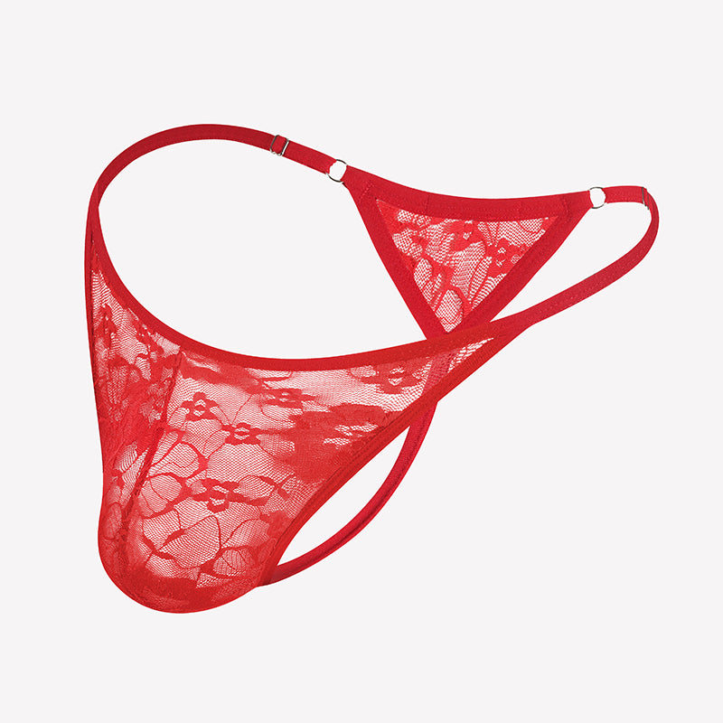 Red lace thong underwear with low-rise T-back and scalloped lace trim