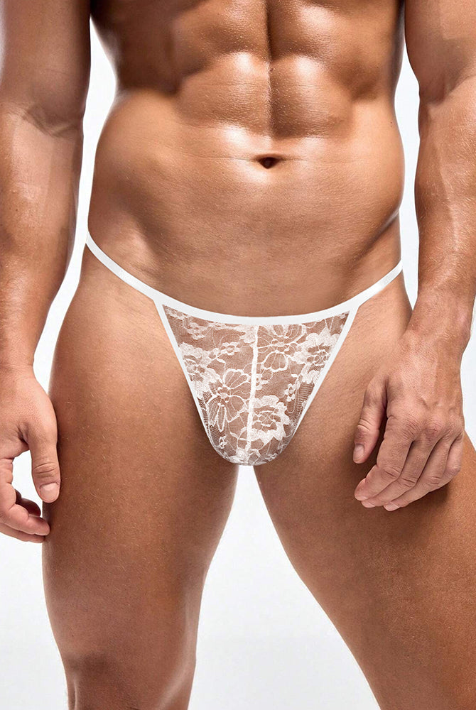 Men's lace thong underwear, low-rise T-back G-string in white floral lace