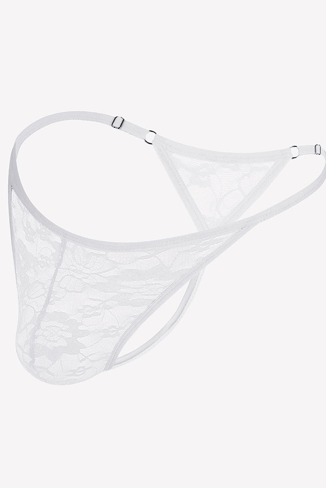 White lace thong underwear with low-rise T-back and scalloped lace trim