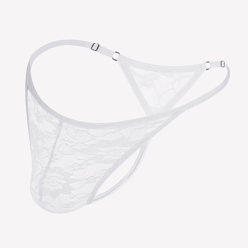 White lace thong underwear with low-rise T-back and scalloped lace trim