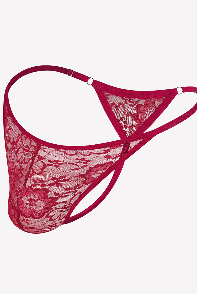 Dark red lace thong underwear with low-rise T-back and scalloped lace trim