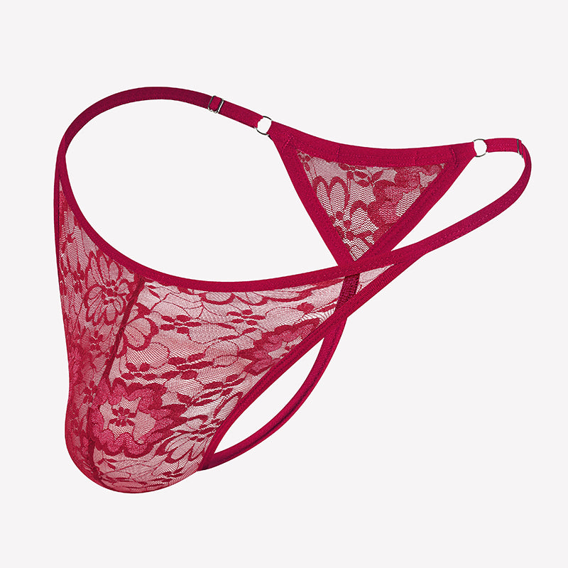 Dark red lace thong underwear with low-rise T-back and scalloped lace trim