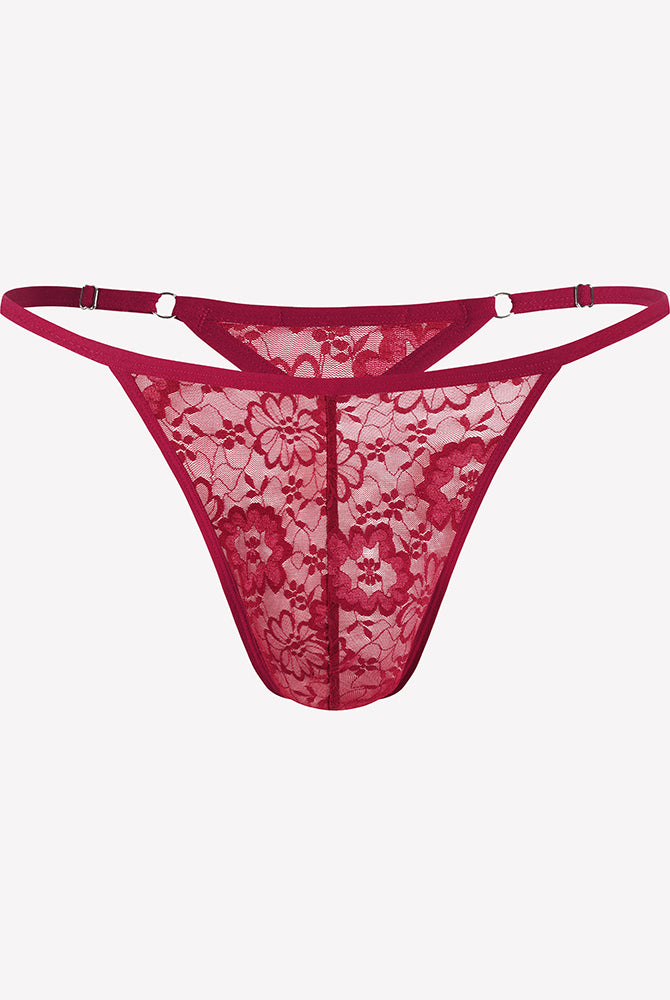 Men's lace thong underwear, low-rise T-back G-string in red lace with floral pattern