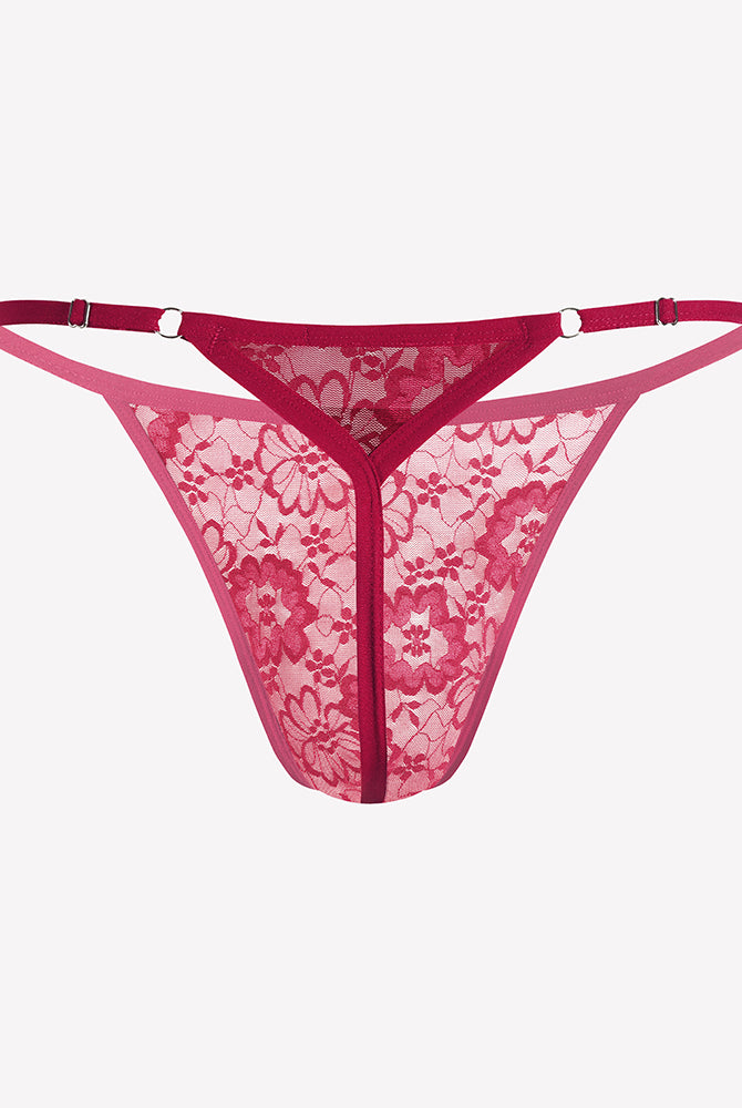 Men's lace thong underwear, low-rise T-back G-string in red lace with floral pattern