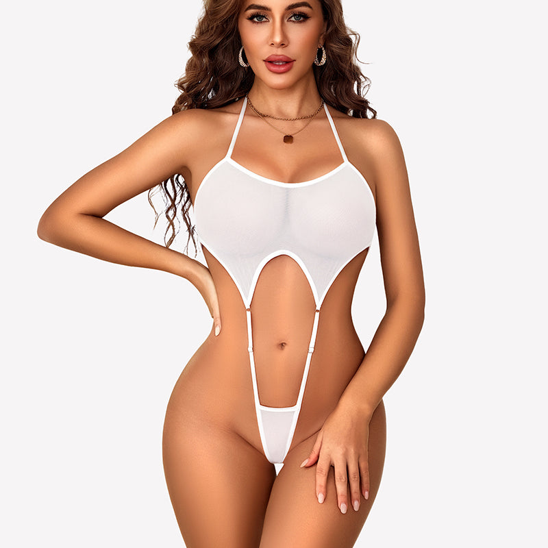 White mesh halter bodysuit with open oval cutout and garter straps