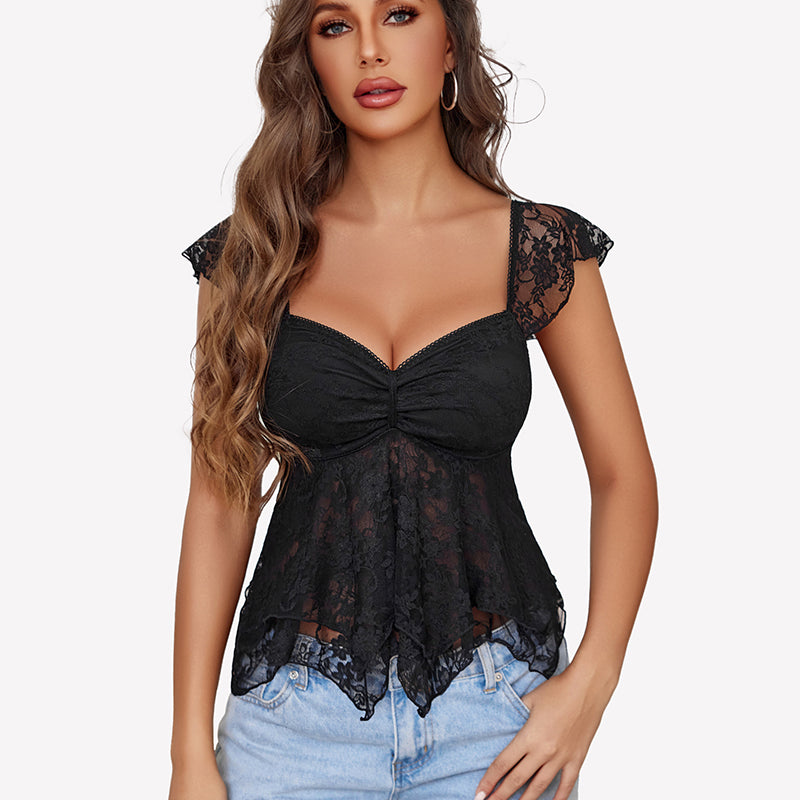 Black lace bralette tank top with ruched sweetheart neckline and short flutter sleeves