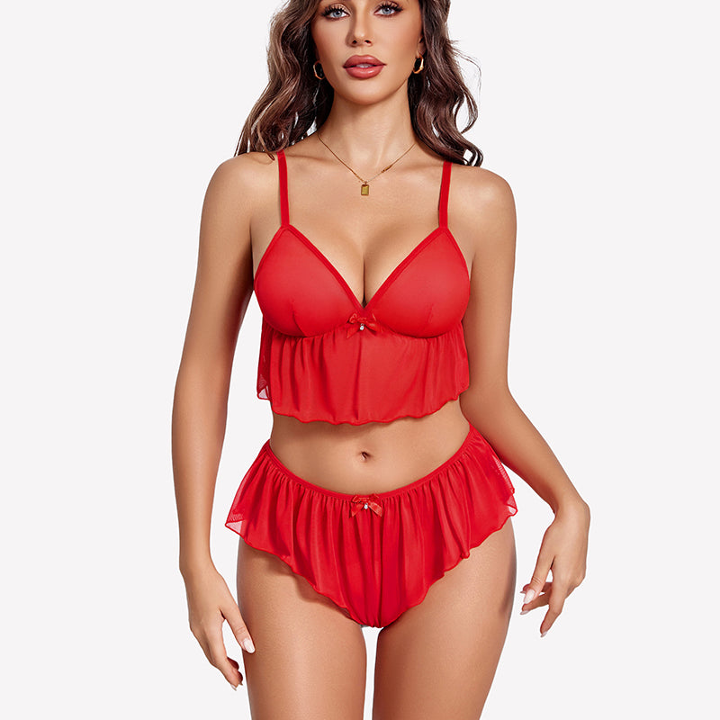 Sheer red mesh cami top and ruffled high-rise shorts lingerie set with thin straps