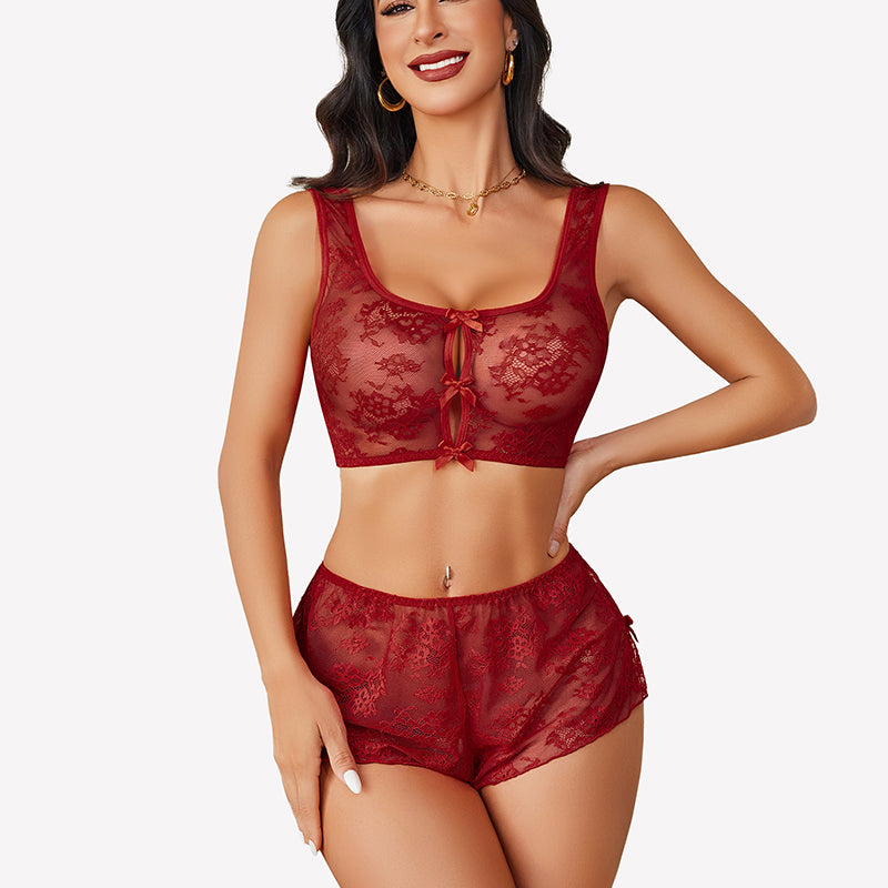 Bow Pajama Set Sheer Floral Lace Bra and Panty