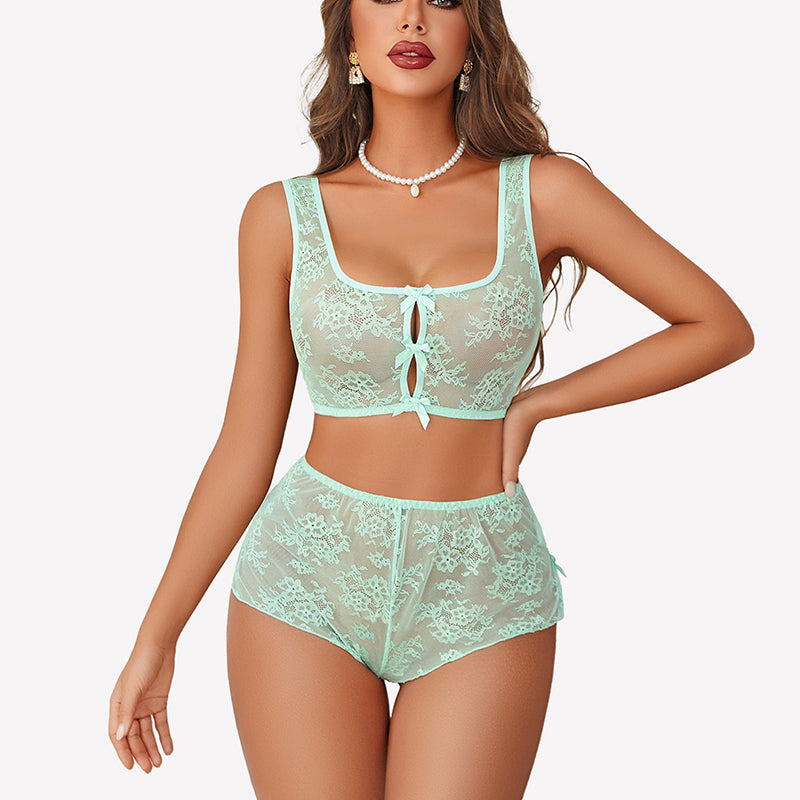 Bow Pajama Set Sheer Floral Lace Bra and Panty