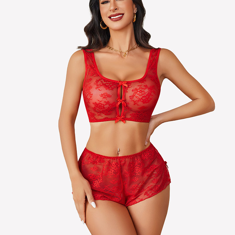 Bow Pajama Set Sheer Floral Lace Bra and Panty