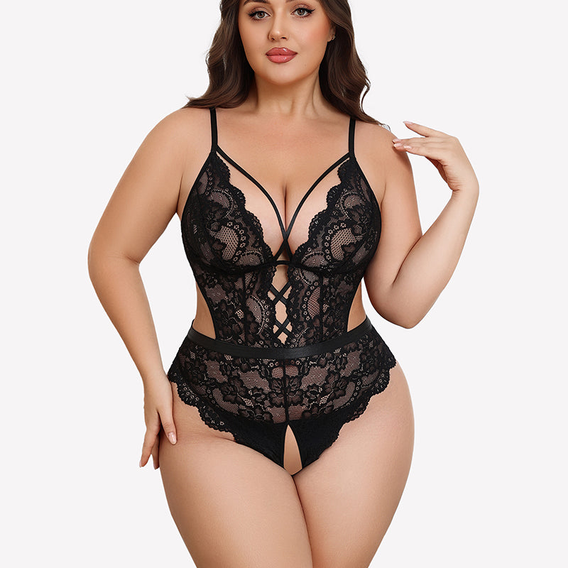 Plus Size Deep V Lace Teddy Cut Out Bodysuit