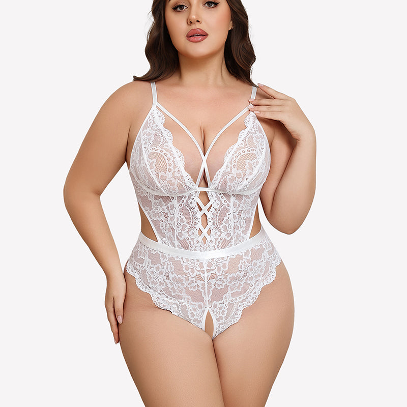 Plus Size Deep V Lace Teddy Cut Out Bodysuit