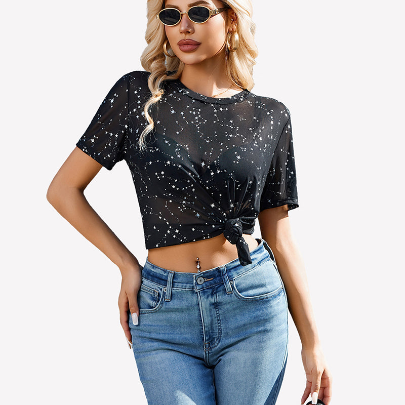 Mesh Sheer Tops Sexy Crew Neck Loose Fit Blouse