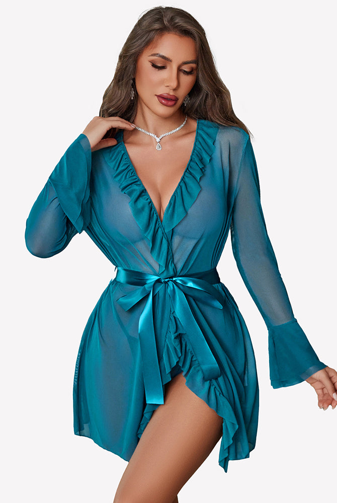 Teal satin kimono robe set with ruffle V-neck and tie belt; matching thong