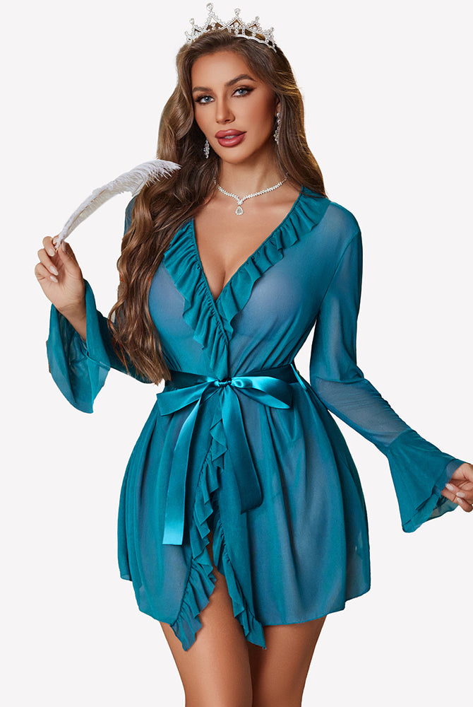 Teal satin kimono robe set with ruffle V-neck and tie belt; matching thong