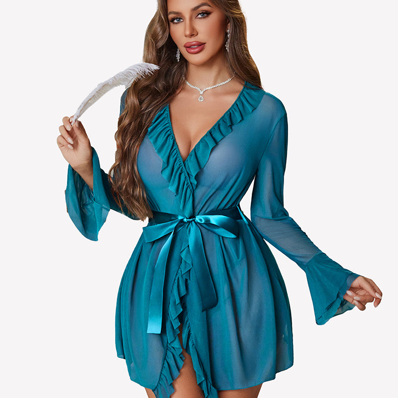 Teal satin kimono robe set with ruffle V-neck and tie belt; matching thong