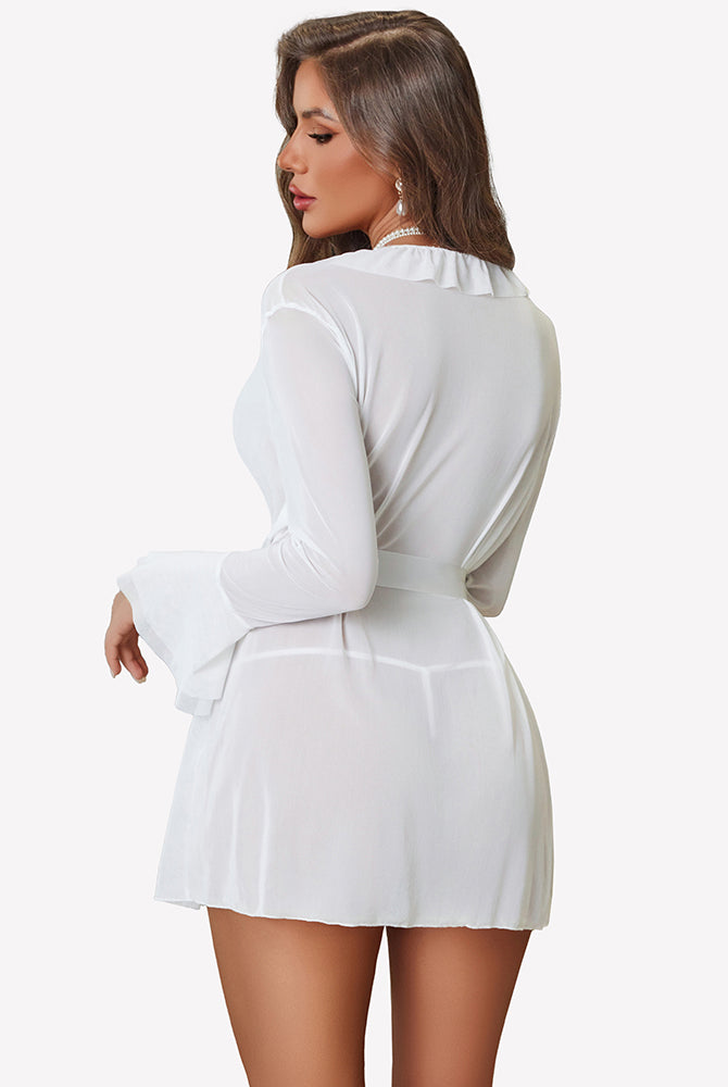 White mesh robe set with ruffled V-neck, tie belt, and flared sleeves