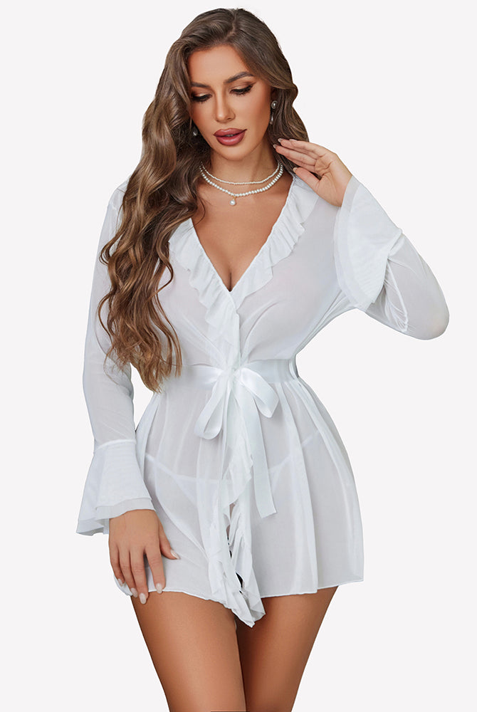 White chiffon kimono robe with ruffle V-neck and tie belt, flared sleeves