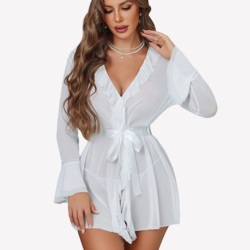 White chiffon kimono robe with ruffle V-neck and tie belt, flared sleeves