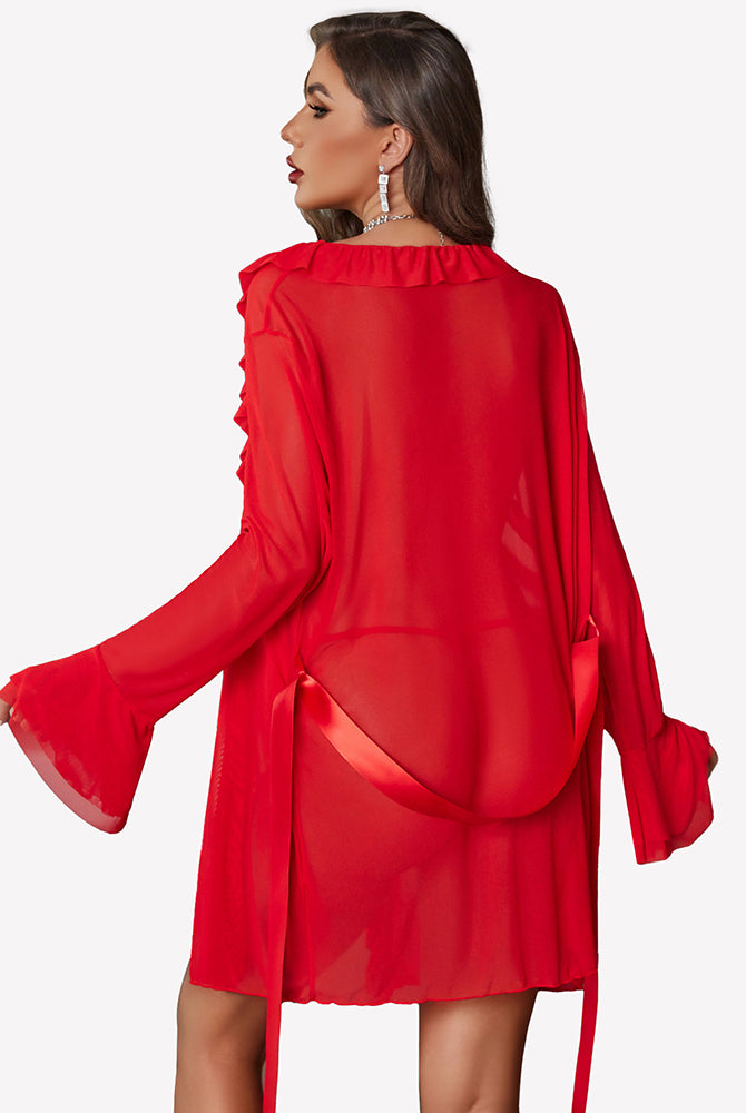 Red sheer kimono robe set, ruffled neckline and back drape with tied waist