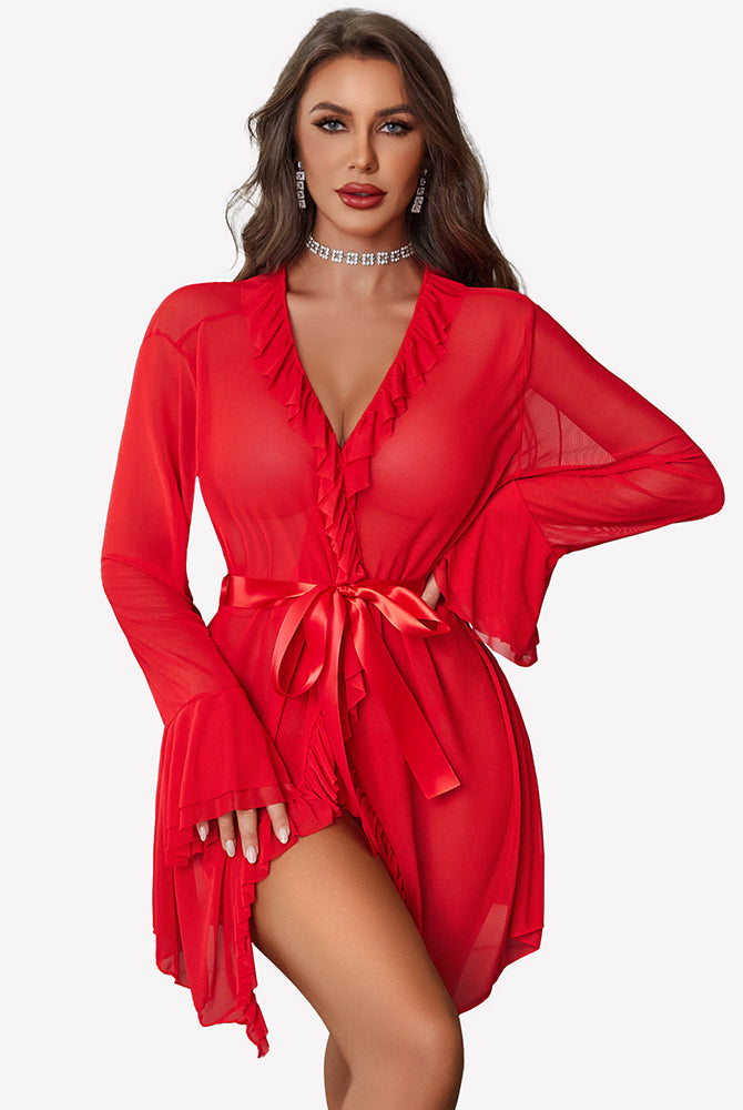 Red mesh robe set with ruffled V-neck and self-tie belt, layered short hem