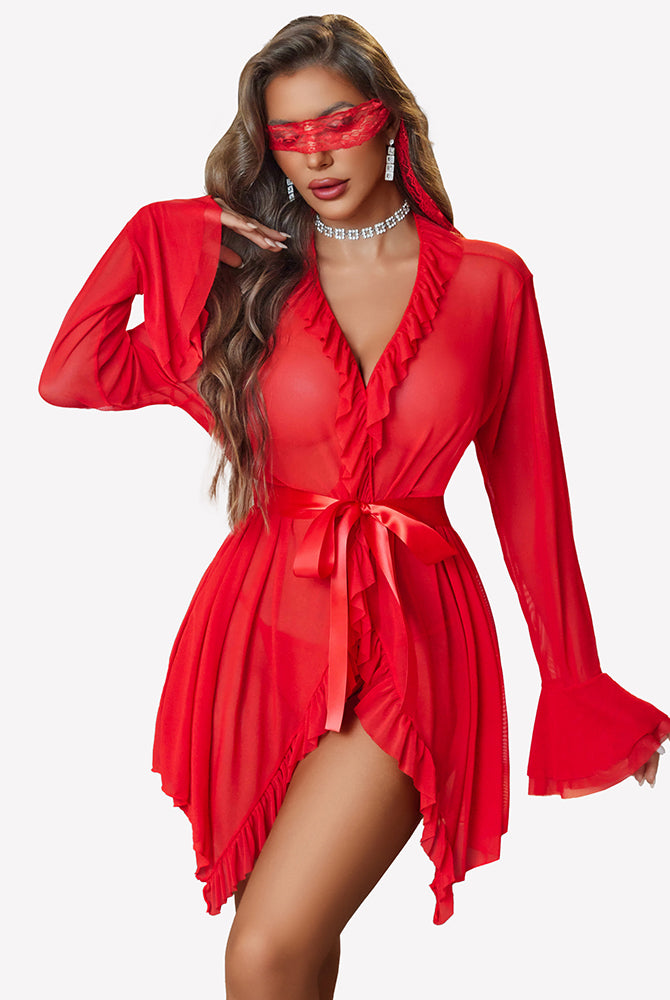 Red mesh kimono robe set with ruffled V-neck and tie belt, sheer flared sleeves