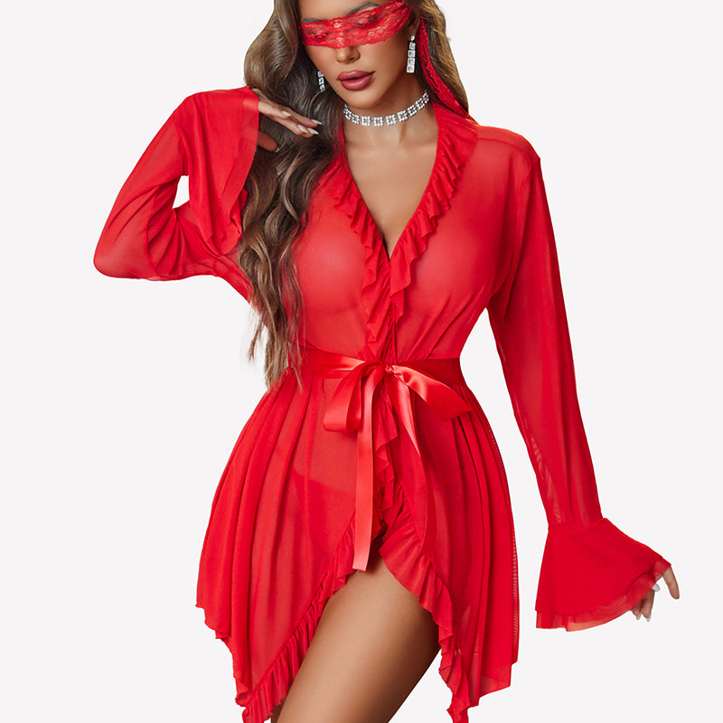Red mesh kimono robe set with ruffled V-neck and tie belt, sheer flared sleeves