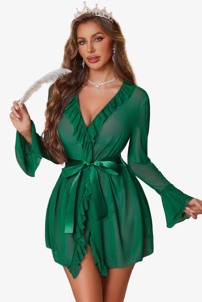 Green mesh robe set with ruffled V-neck, tie belt, and long flared sleeves