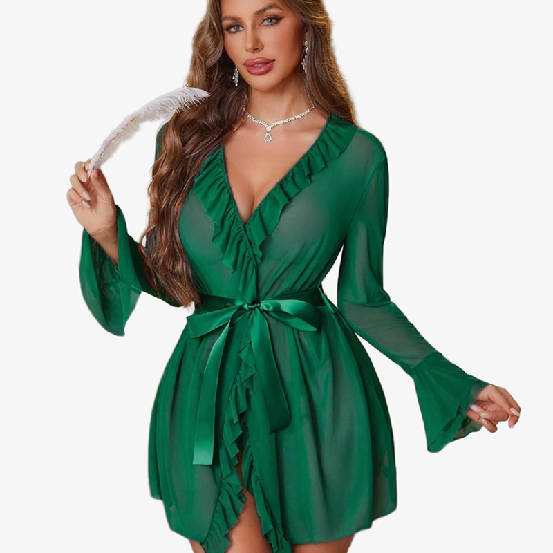 Green mesh robe set with ruffled V-neck, tie belt, and long flared sleeves