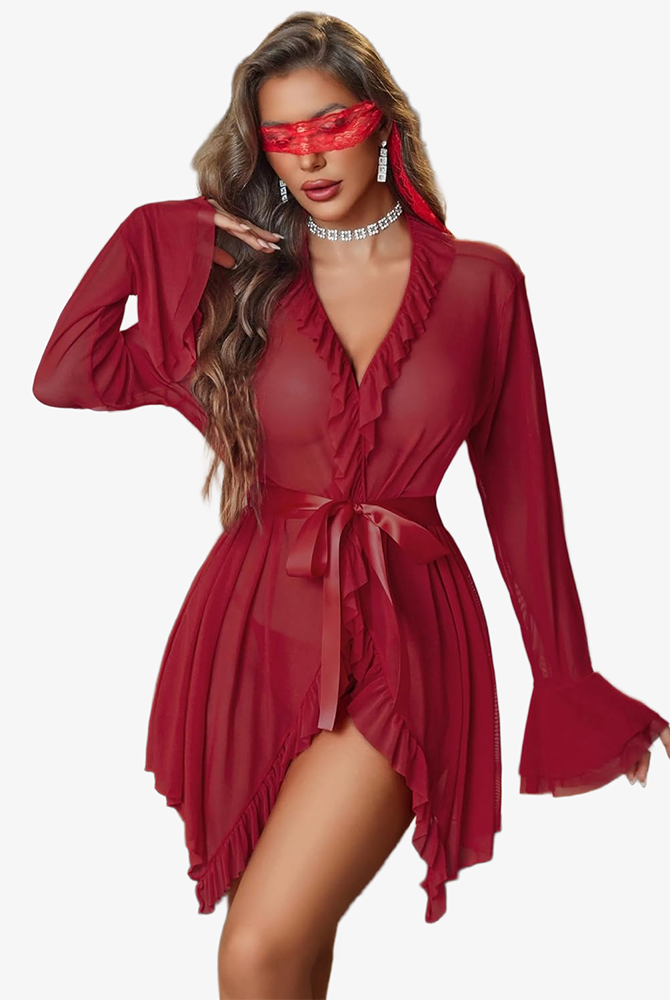 Burgundy-red mesh robe set with ruffled V-neck, tie belt, and flared cuffs