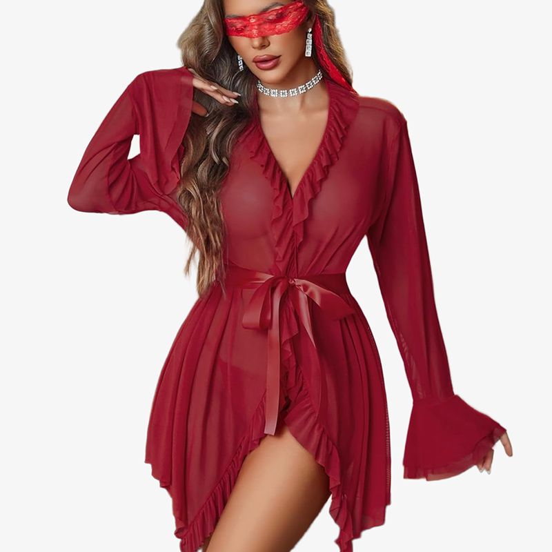 Burgundy-red mesh robe set with ruffled V-neck, tie belt, and flared cuffs