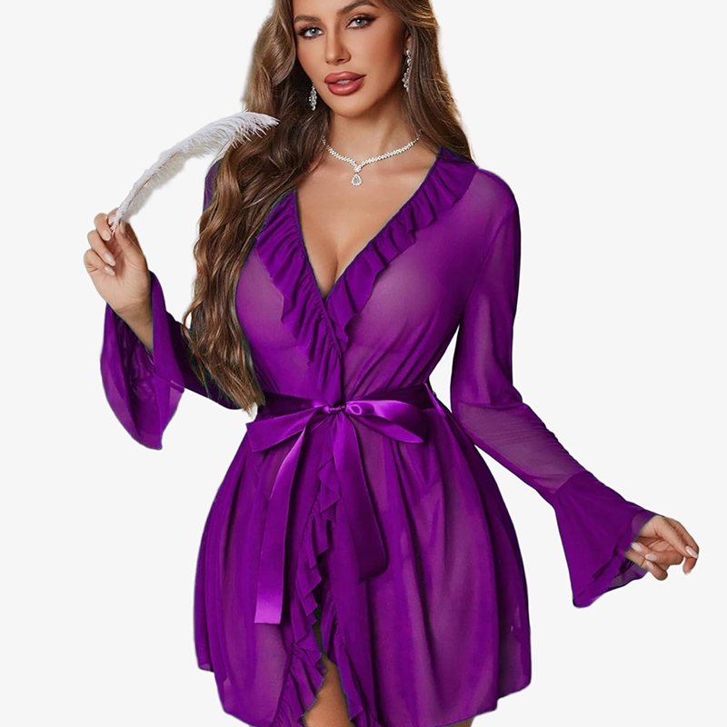 Purple mesh robe set with ruffled V-neck and tie belt, flared long sleeves