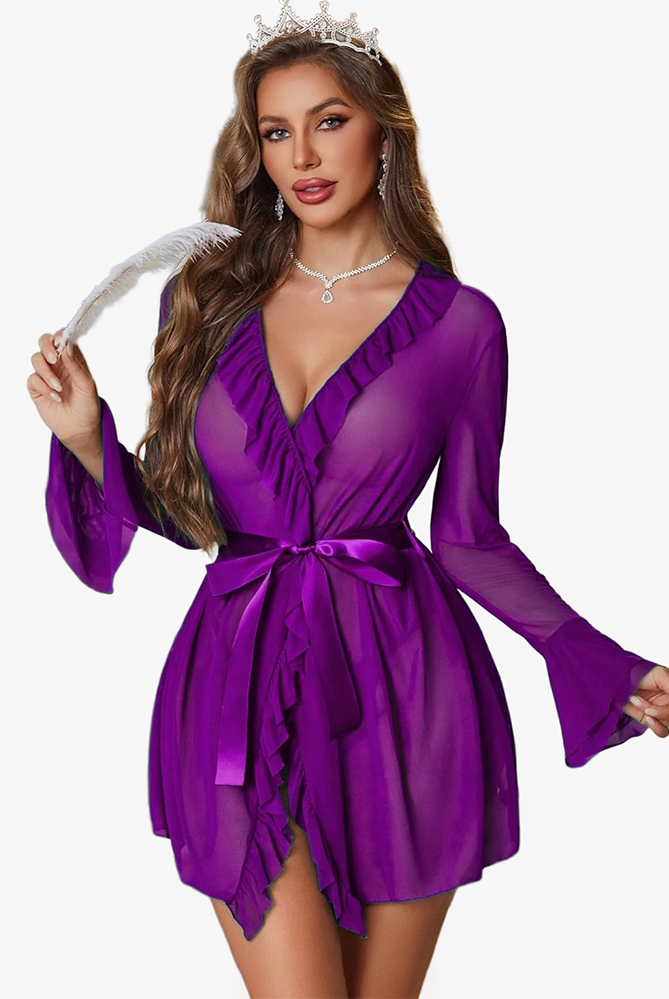 Purple mesh robe set with ruffled V-neck and tie belt, flared long sleeves