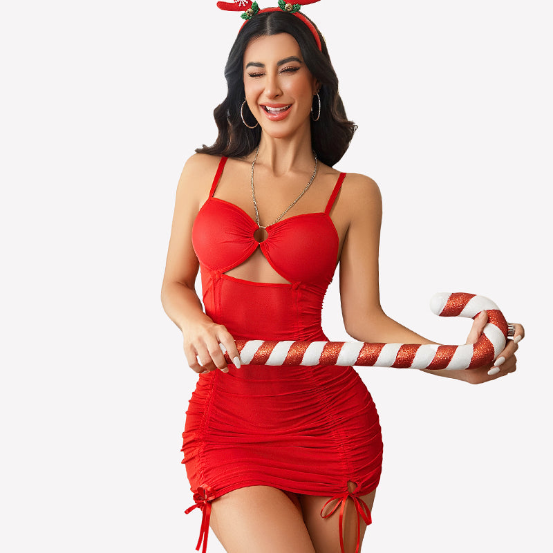 Sheer Mesh Chain Halter Ruched Dress with Thong