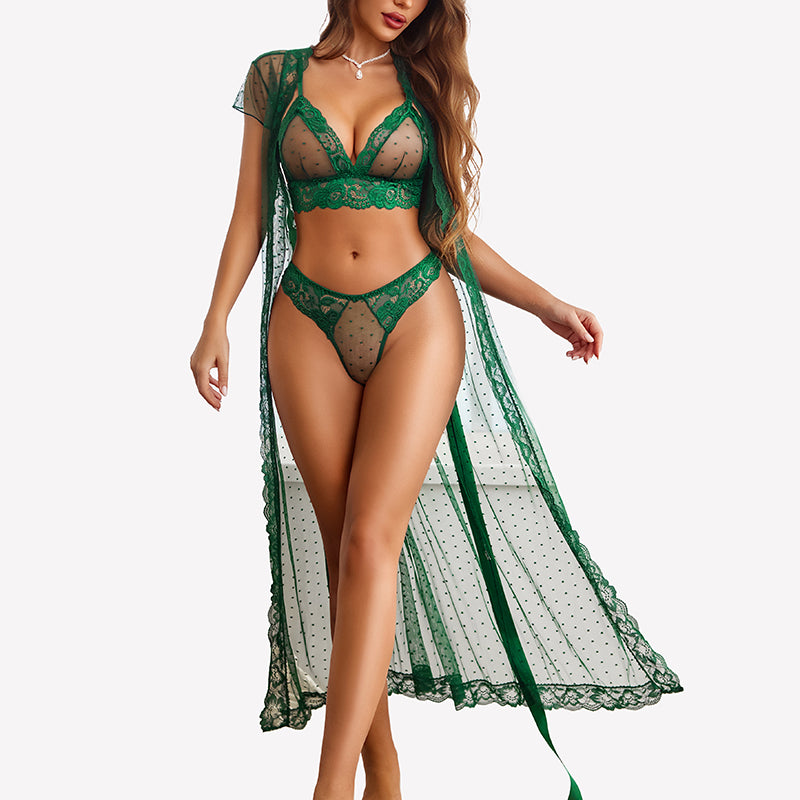 3 Piece Set Sheer Polka Dot Lace Robe with Bra and Panty