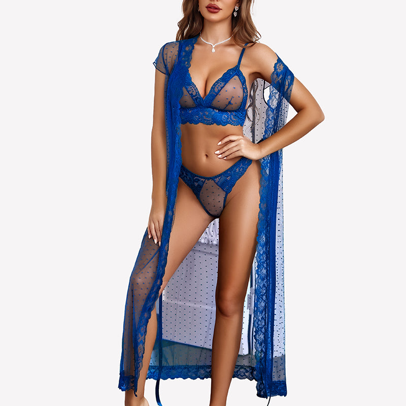 3 Piece Set Sheer Polka Dot Lace Robe with Bra and Panty