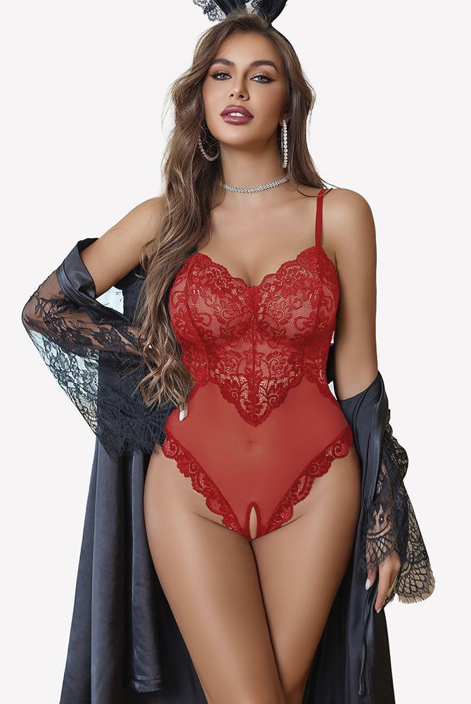 Red lace crotchless bodysuit with V-neck and floral trim over sheer mesh
