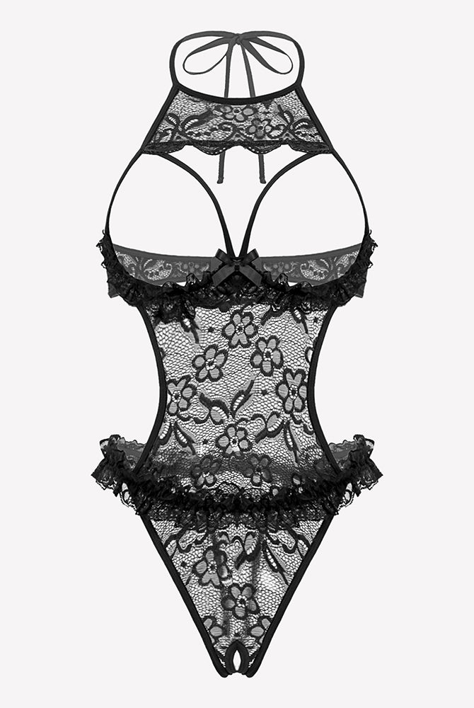 Black lace halter teddy bodysuit with floral mesh and ruffled scalloped trim