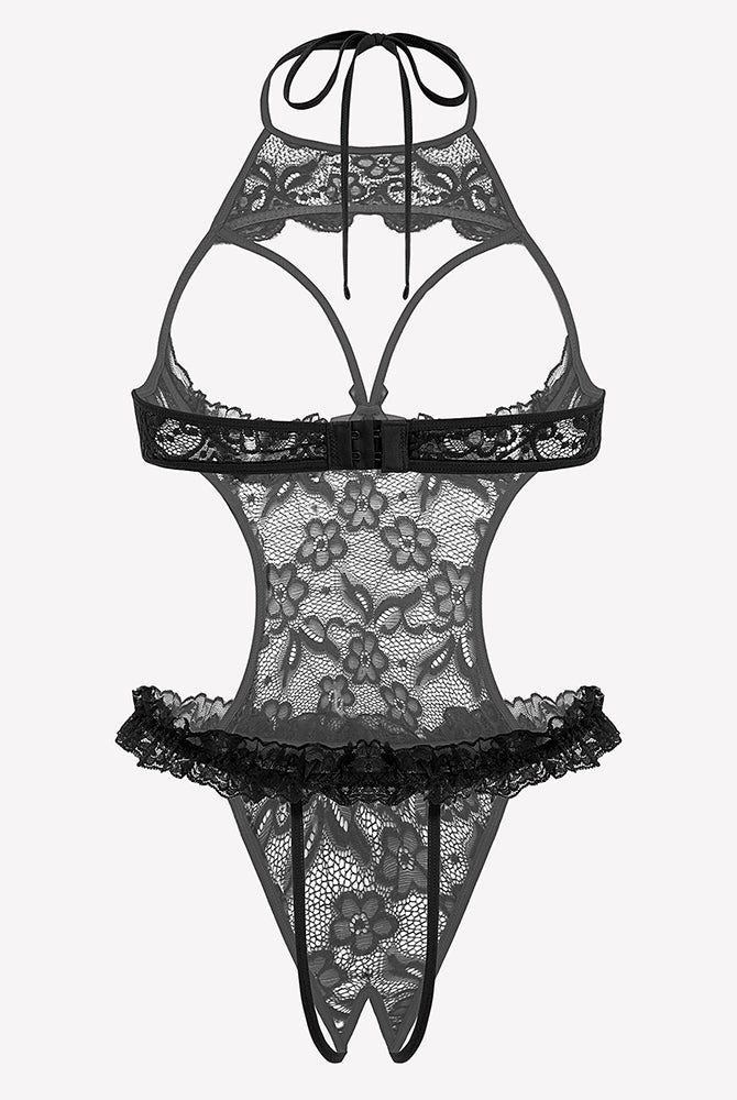 Black lace halter teddy bodysuit with floral mesh, scalloped cups, and ruffled hem