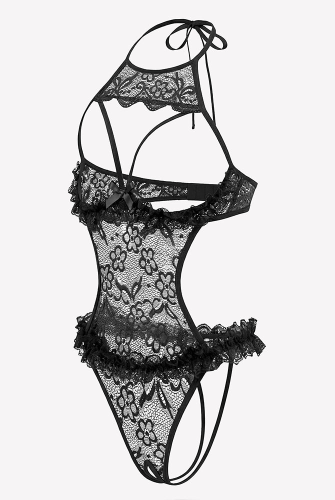 Black lace halter teddy with open back, bow neck tie, and floral mesh ruffles