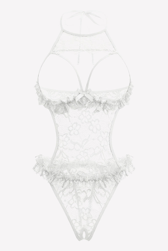 White lace halter teddy bodysuit with floral mesh, scalloped cups, and ruffled trim