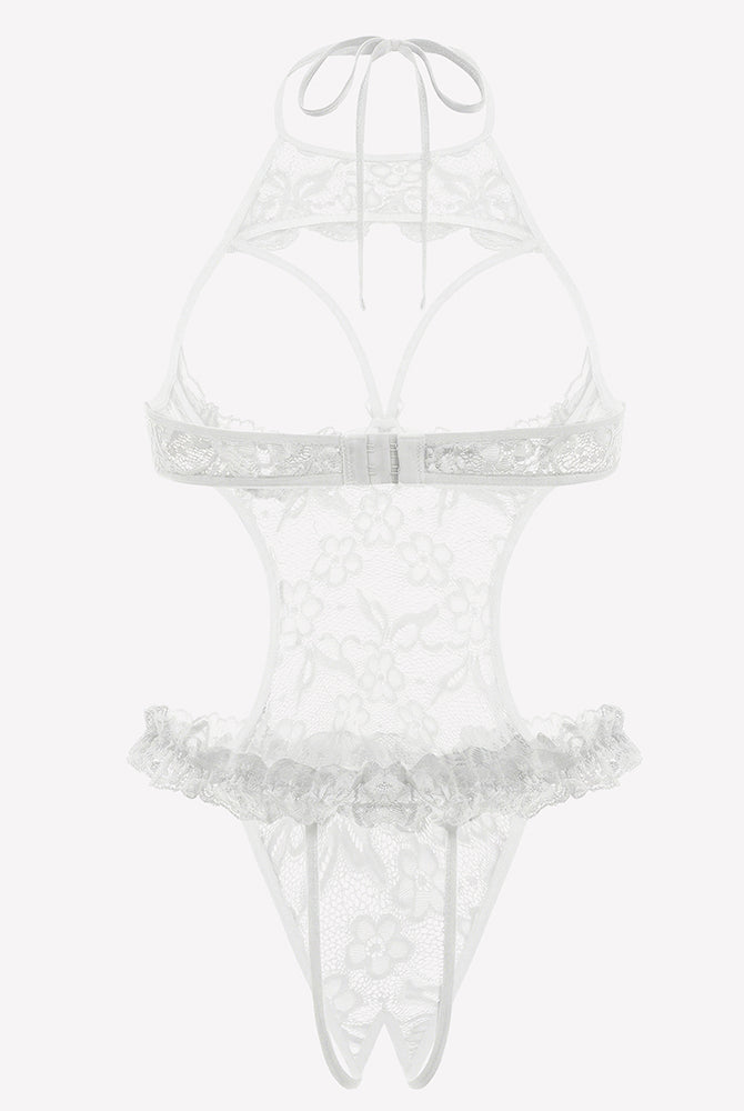 White lace halter teddy with floral mesh and lace-trimmed ruffle hem, bow neck tie