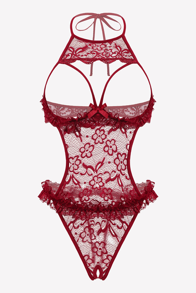 Wine red lace halter teddy bodysuit with floral mesh and ruffled scalloped trim