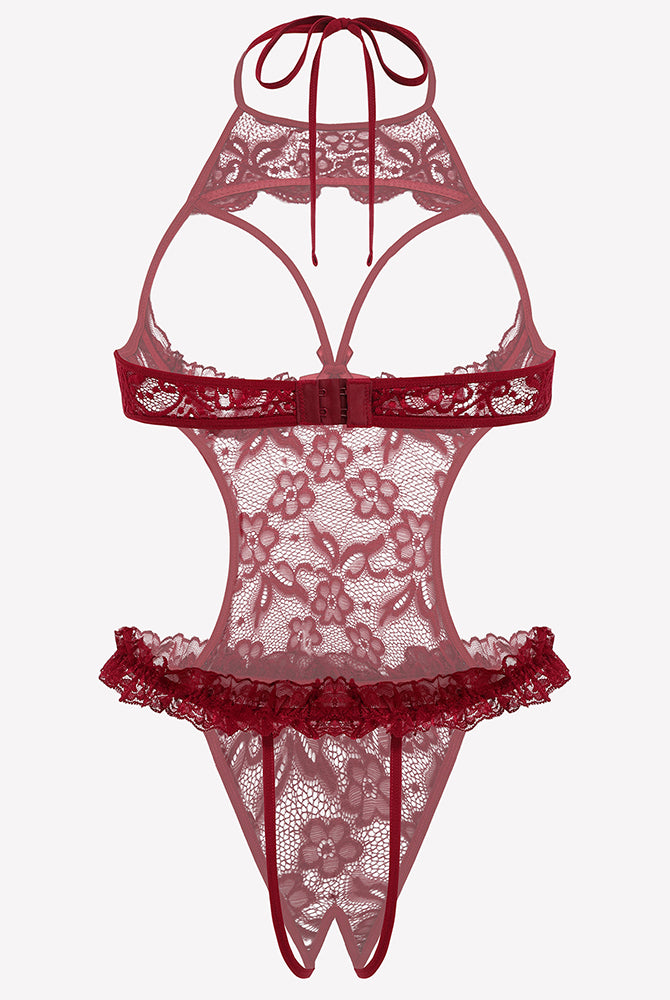 Wine red lace halter teddy with high-cut floral mesh and ruffled lace hem