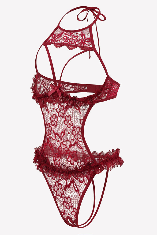 Wine red lace halter teddy with strappy open back, floral mesh, and ruffled trim