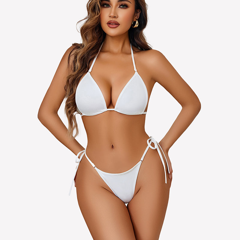 Strappy lingerie set with triangle bra and side-tie bikini panties in white
